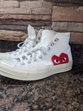 Comme des Garcons PLAY White Canvas High-Top Sneakers with Red Heart